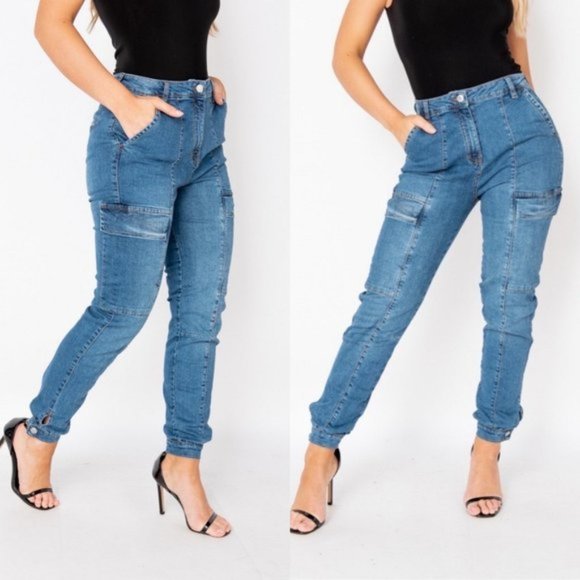 Blue High Waist Denim Jeans Cargo Utility Joggers Jogger Pants - Picture 1 of 11